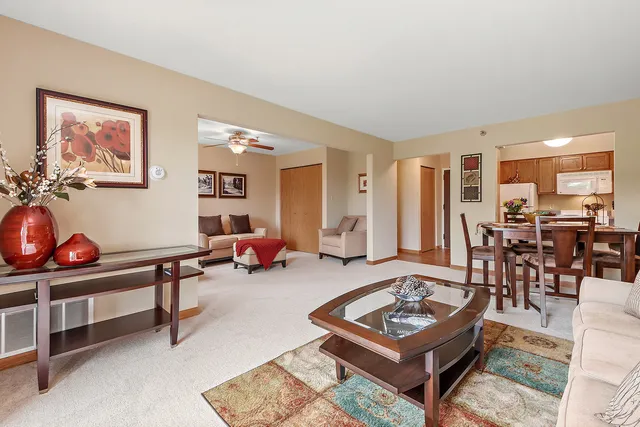 a living room with furniture a table and a potted plant