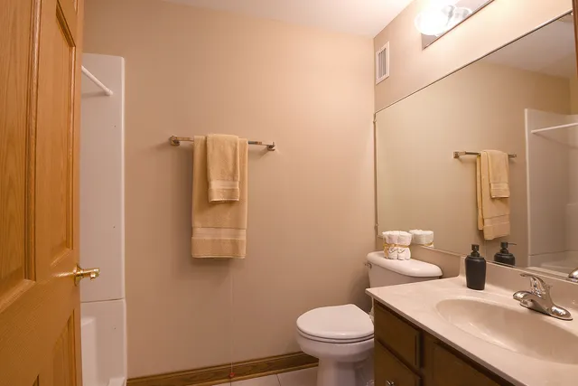 a bathroom with a sink toilet and mirror