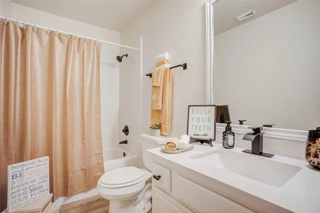 a bathroom with a sink a toilet and shower curtain
