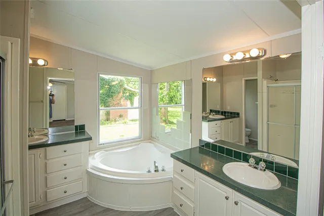 a bathroom with a granite countertop double vanity sink a mirror and a bathtub