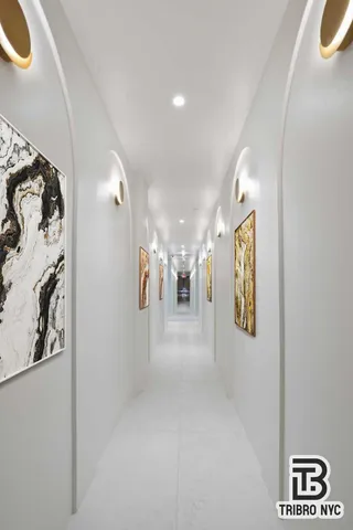 a view of a hallway with painted walls
