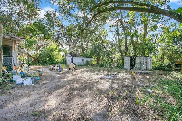 a view of a backyard with large trees and wooden fence