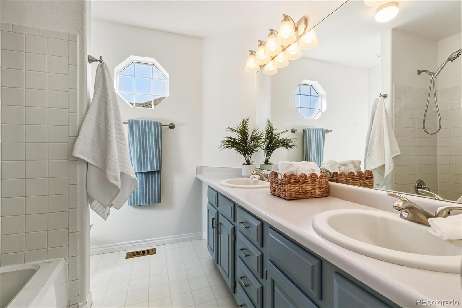 10275 Baneberry Place Highlands Ranch, CO 80129 - Photo 31 of 50 a bathroom with a sink a mirror and a shower