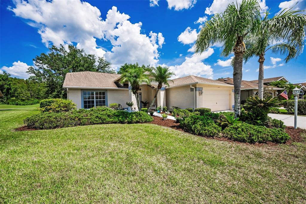 a view of a white house with a big yard and a large tree