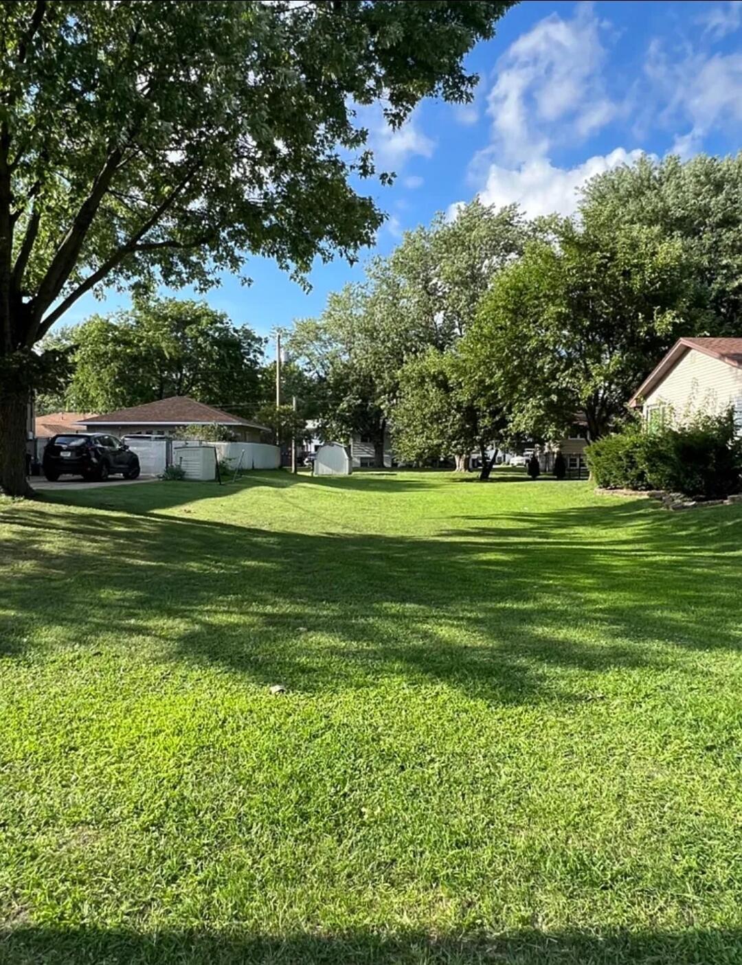 a view of a grassy field with trees