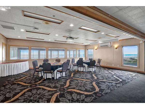 a view of a dining room with furniture