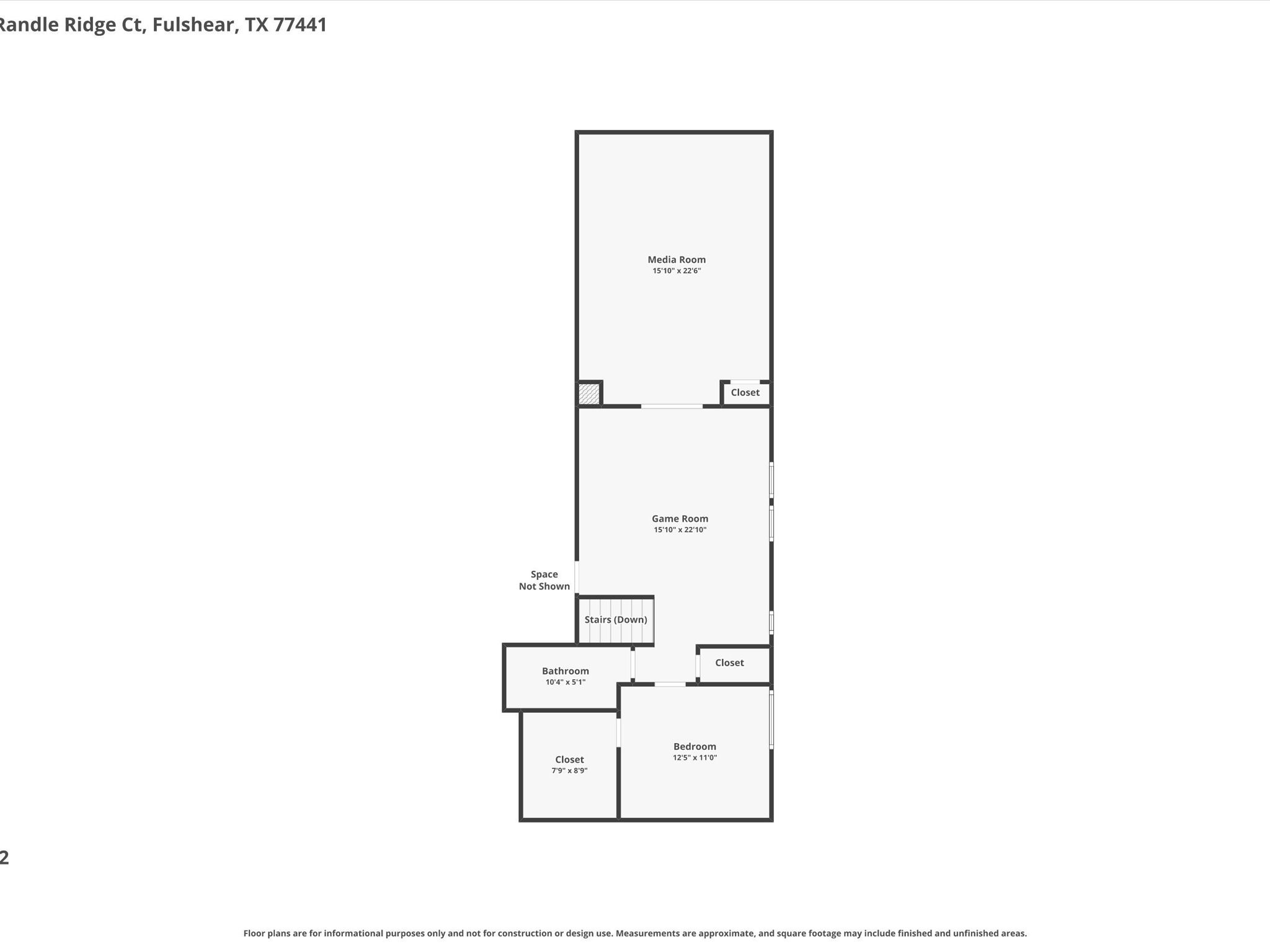 3907 Randle Ridge Court Fulshear, TX 77441 - Photo 46 of 46 This second floor plan showcases a spacious layout featuring a media room, game room, bedroom, bathroom, and multiple closets. A staircase connects the levels. Ideal for entertainment and relaxation.