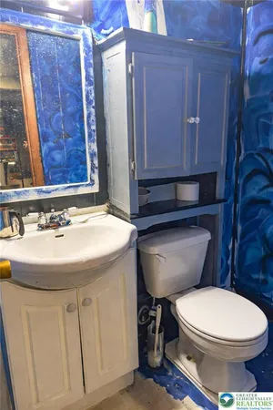 a bathroom with a toilet a sink and wooden floor