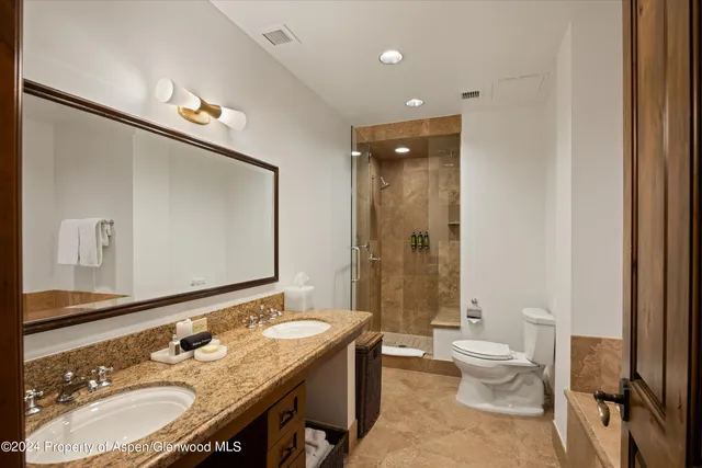 a bathroom with a granite countertop sink a toilet and a large mirror