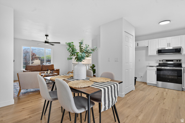 489 Owens Street Layton, UT 84041 - Photo 6 of 25 Dining space featuring light wood-type flooring and ceiling fan