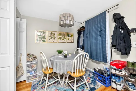 a view of a dining room with furniture