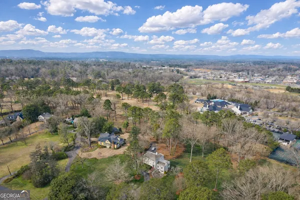 a view of a park with large trees