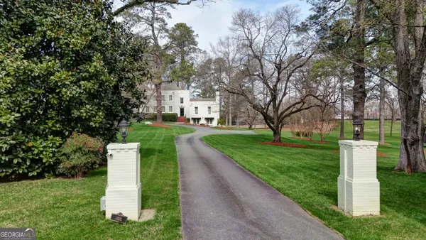 a view of a park with large trees