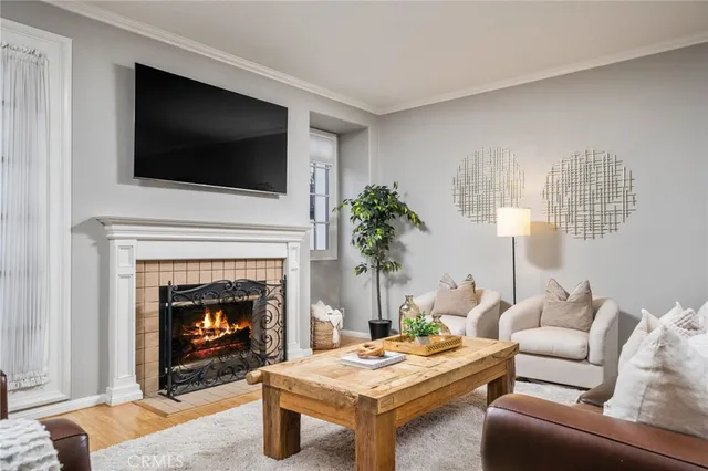 a living room with furniture a flat screen tv and a fireplace
