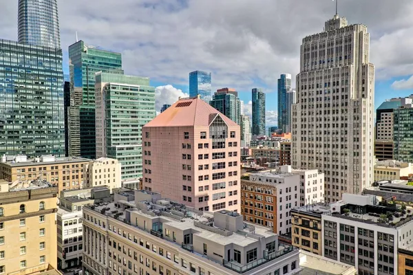 a city view with tall buildings