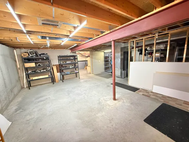 a view of a porch with a garage