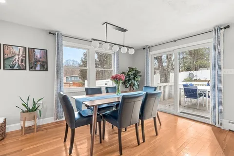 a dining room with furniture potted plants and wooden floor