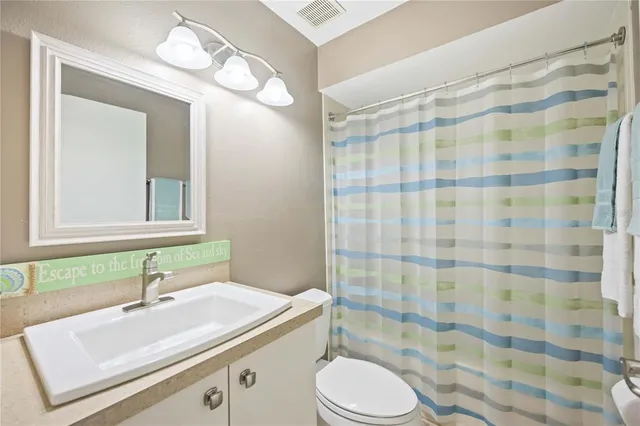 a bathroom with a sink a toilet a mirror and shower curtain