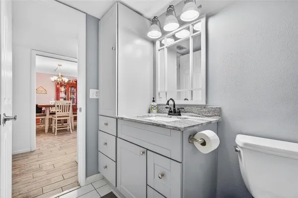 a bathroom with a sink vanity and toilet