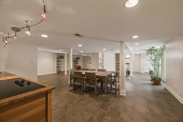 a view of a dining room with furniture