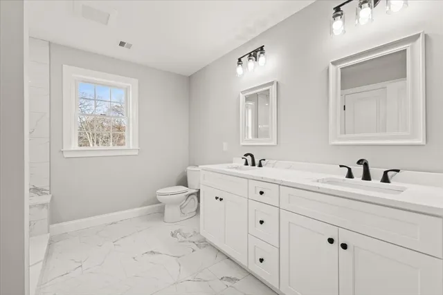 a bathroom with a toilet sink and mirror