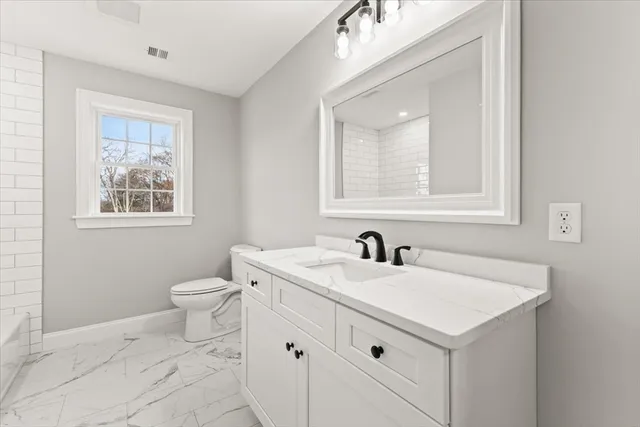 a bathroom with a toilet sink and mirror