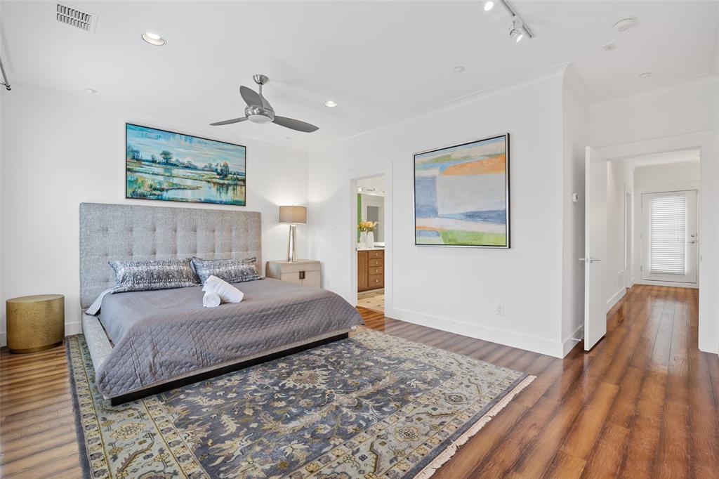 4312 McKinney Avenue, Unit 4 Dallas, TX 75205 - Photo 10 of 34 Bedroom featuring ornamental molding, wood finished floors, ceiling fan, ensuite bathroom, and recessed lighting