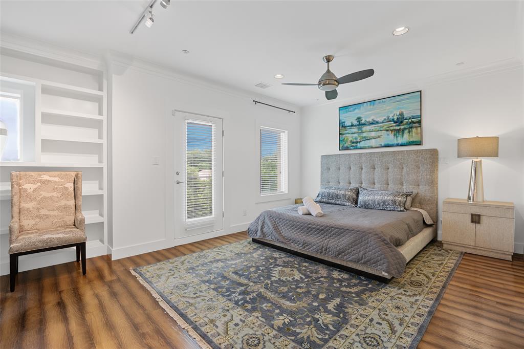 4312 McKinney Avenue, Unit 4 Dallas, TX 75205 - Photo 9 of 34 Bedroom with access to exterior, wood finished floors, crown molding, recessed lighting, and ceiling fan