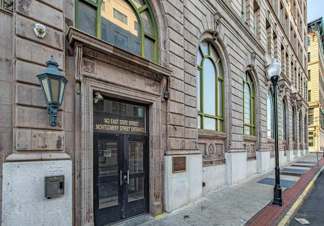 a front view of a building with glass door