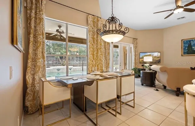 a view of a dining room with furniture window and outside view