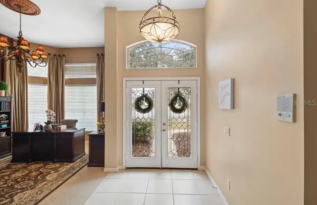a view of a chandelier in a room