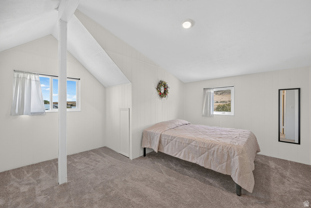 4468 North Droubay Road Tooele, UT 84074 - Photo 28 of 60 Vaulted ceiling with exposed beam, recessed lighting, two windows, wall paneling, and gray carpet flooring