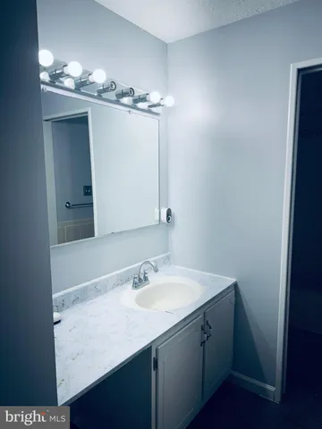 a bathroom with a sink vanity and a mirror