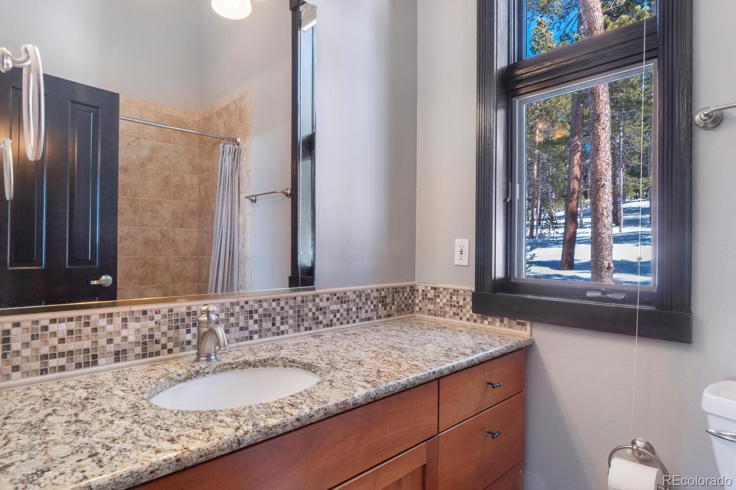 160 Fuller Placer Road Breckenridge, CO 80424 - Photo 40 of 47 a bathroom with a granite countertop sink and a mirror