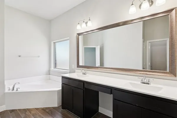 a bathroom with a tub a sink and mirror