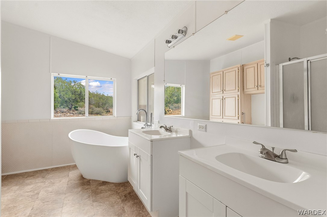 3894 North Lookout Canyon Road Kingman, AZ 86401 - Photo 19 of 64 Bathroom featuring a stall shower, a wainscoted wall, two vanities, and a soaking tub