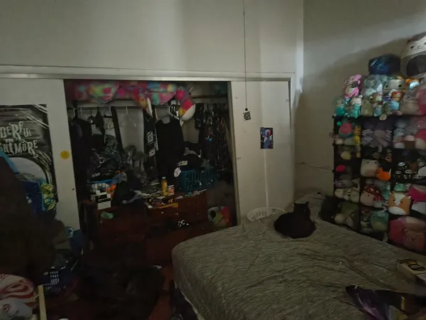 a bed room with a bed and a closet