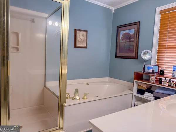 a bathroom with a tub and a shower