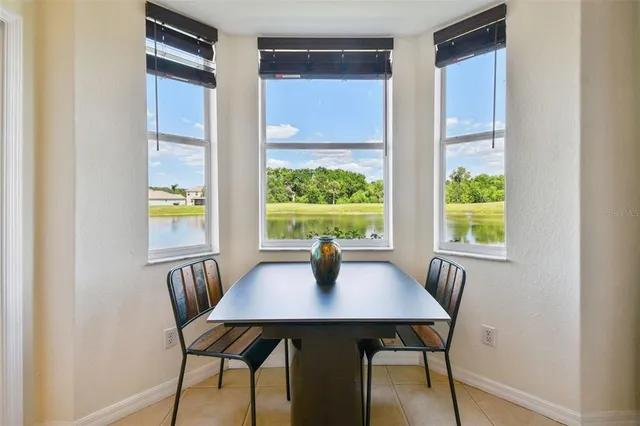 a view of a dining room with furniture and window