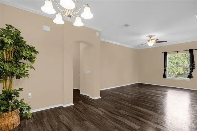 a view of an empty room with wooden floor and a potted plant