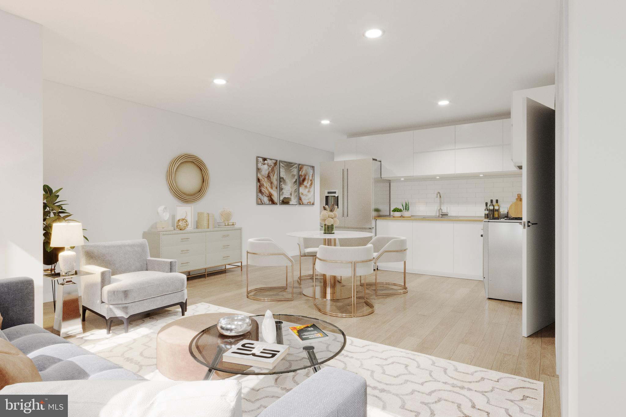 a living room with furniture kitchen and a window