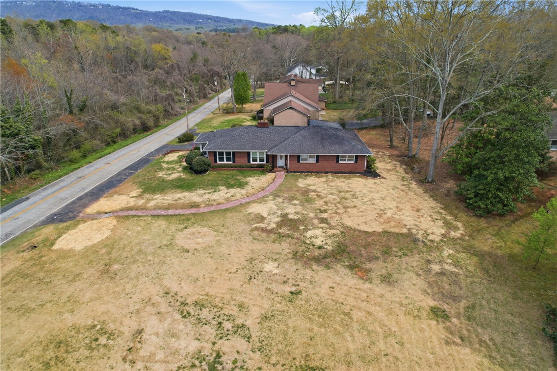 4304 Old Buncombe Road Greenville, SC 29617 - Photo 43 of 49 An aerial view captures a brick residence amidst a verdant landscape with a winding path leading to the entrance.