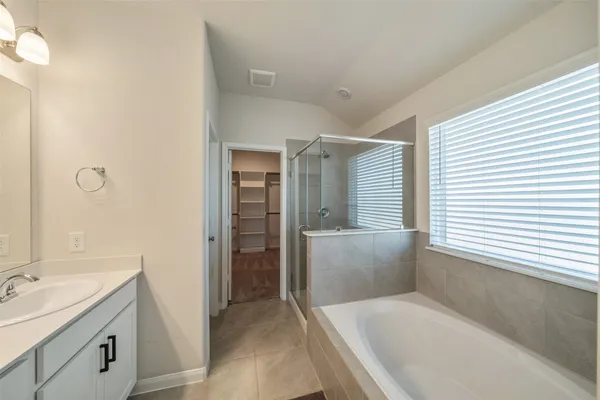 a bathroom with a tub sink and mirror