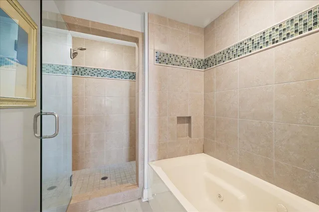 a bathroom with a bathtub and a shower