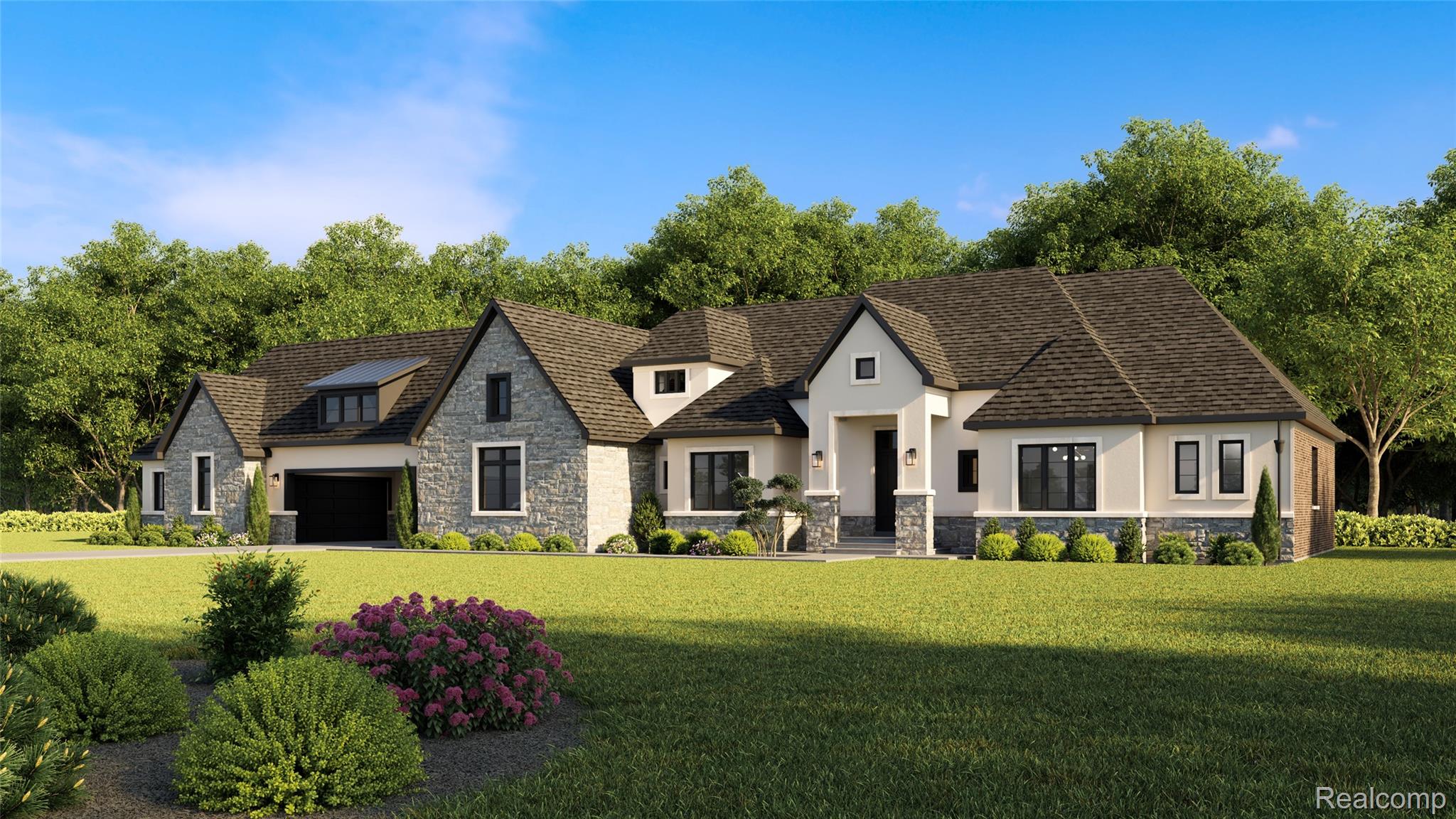70413 Renata Court Romeo, MI 48065 - Photo 4 of 53 Stone and stucco exterior featuring multiple gables, a dark shingle roof, black-framed windows, and an integrated two-car garage