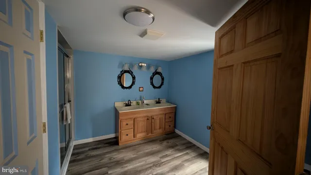 a bathroom with a double vanity sink and a mirror