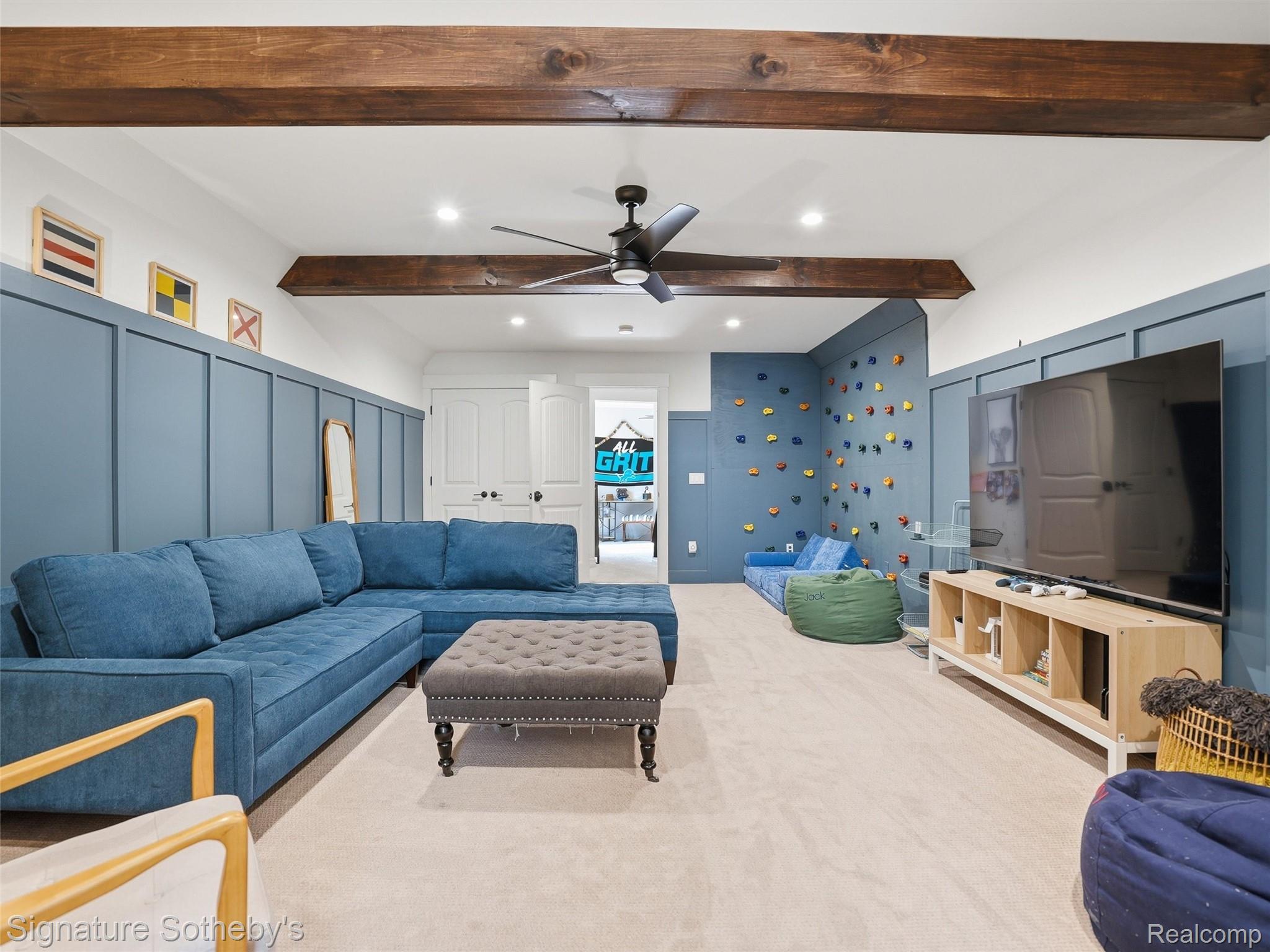 1595 Carriage Way Rochester, MI 48307 - Photo 71 of 78 Carpeted living room featuring a ceiling fan, recessed lighting, and beam ceiling
