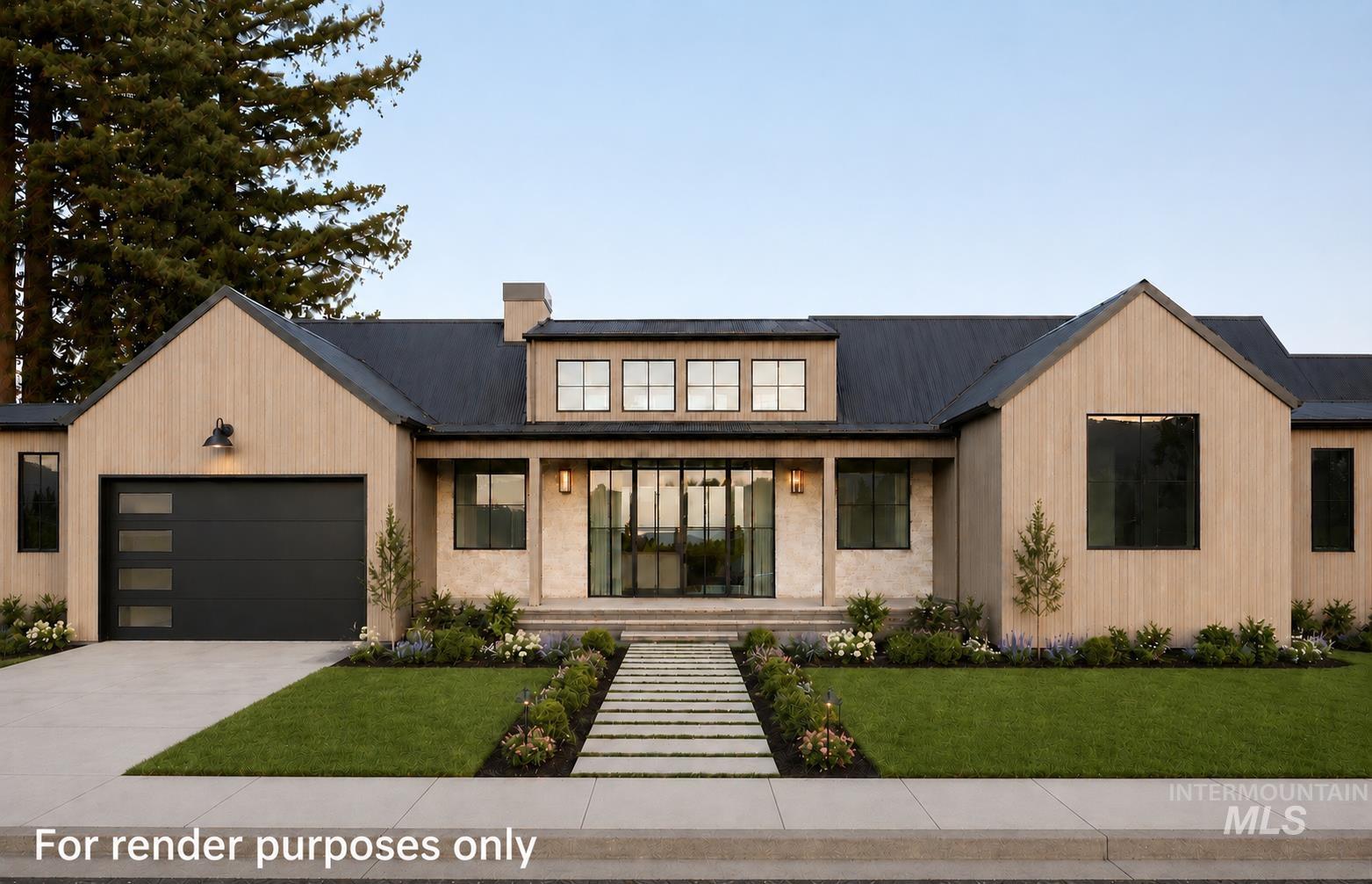Contemporary facade featuring a black metal roof, vertical wood-finish siding, and stone accents