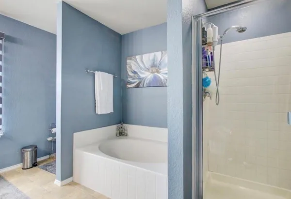 a bathroom with a bathtub and a shower