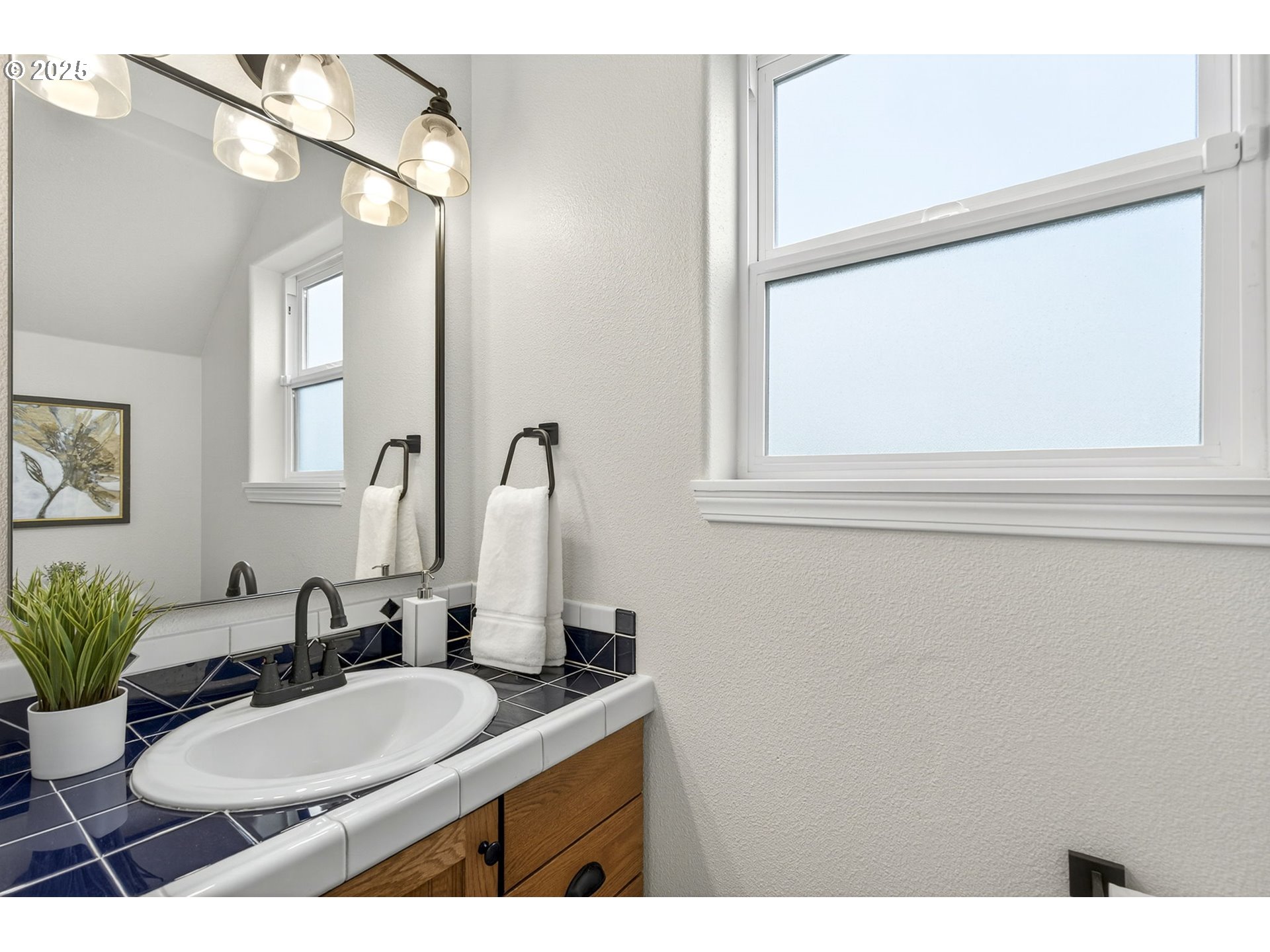929 Northwest Spring Street Newport, OR 97365 - Photo 22 of 46 a bathroom with a granite countertop sink mirror and a potted plant